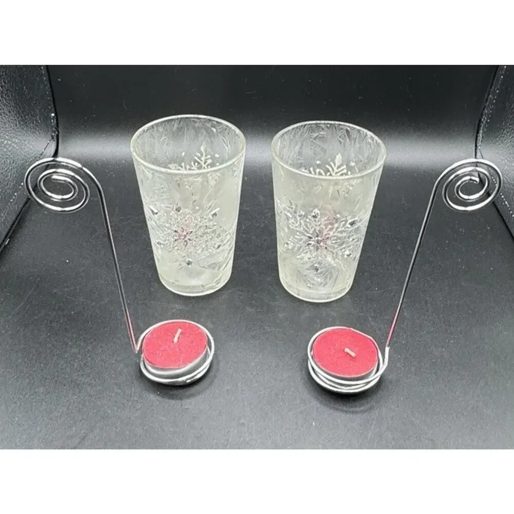 FROSTED Snowflake TEALIGHT CANDLE HOLDER WHITE GLASS 2 PIECE SET -A96